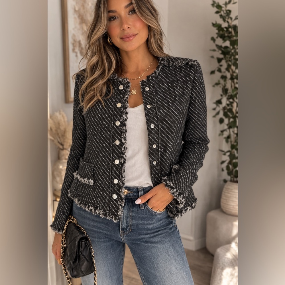 Maje Black Tweed Fringe Jacket Size 38 Small Parisian Snap Front Blazer